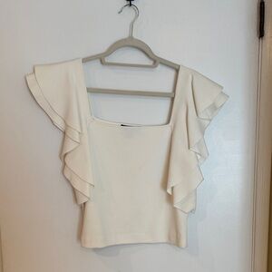 INC International Concepts Cropped Cream Ruffle Sleeve Blouse